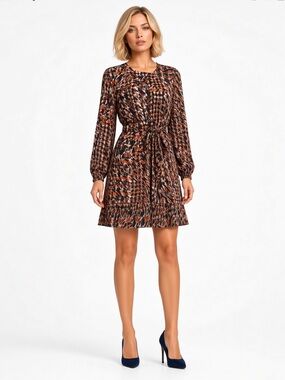 Tyler Boe Elegant Silk Navy Blue and Orange Patterned Long Sleeve Dress